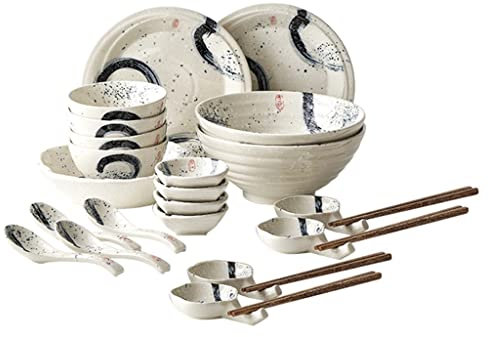 Set di Piatti e Ciotole Giapponesi da tavola Bianchi da 14/25 * 38 Pezzi, Piatti in Ceramica per insalate, zuppe, bistecche, Lavabili in lavastoviglie
