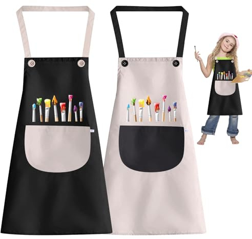 2 Stück Malschürze Kinder, Malkittel Kinder für 6-12 Jahre Mädchen Junge, Wasserdicht Malkittel Bastelschürze Verstellbare,Schürze Kinder Schule mit Taschen,zum Malen, Kochen, Backen, Gartenarbeit
