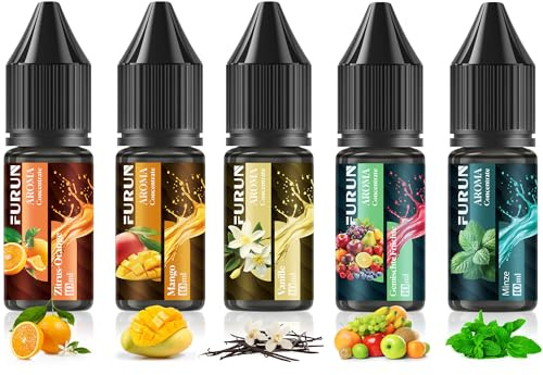 FURUN Concentré d'arômes 5 x 10 ml - Mélange facile - Arôme alimentaire | Concentré hautement dosé, Fruits mélangés, menthe, orange, vanille, mangue