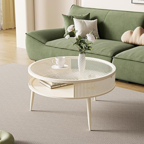 POWRZZZY Mesa de Centro Redonda de Cristal de 60cm para Salón con Espacio de Almacenamiento Fácil de Montar Ideal para Salón Hogar y Oficina(Cream White,70x70x45cm)