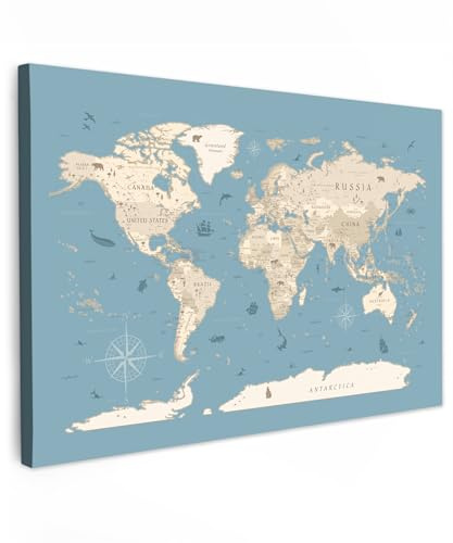 MuchoWow© Cuadros Decoracion Salon Modernos Dormitorios Cuadro Decorativos | 60x40 cm - de Lienzos Decorativo Decoración Cabecero Cama Mapa - Océano - Detallado - Azul