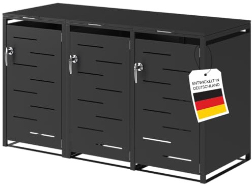 STEELSØN Diorus Mülltonnenbox 3 Tonnen bis 120L, Schwarz, abschließbar | Mülltonnenverkleidung aus Stahl, Müllbox, Müllcontainer, wetterfest, Gerätebox, Tonnenhaus, Mülltonnenhaus, Sichtschutz