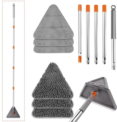 WELAIRICH Wall Mop Cleaner, 10 in 1 Wall Cleaning Mop with Long Handle 207cm,180° Folding Ceiling Cleaning Tool with Scraper,6 Replacement Pads,Triangle Baseboard Cleaning Tool Duster for Window/Floor