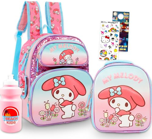 My Melody - Mini mochila con lonchera para niños, paquete con bolsa escolar de 12 pulgadas, fiambrera, calcomanías y más | My Melody School Supplies para niñas