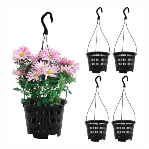 Set di 5 vasi per orchidee da appendere, in plastica traspirante, con ganci, per interni ed esterni, balcone, patio, piante d'appartamento, nero