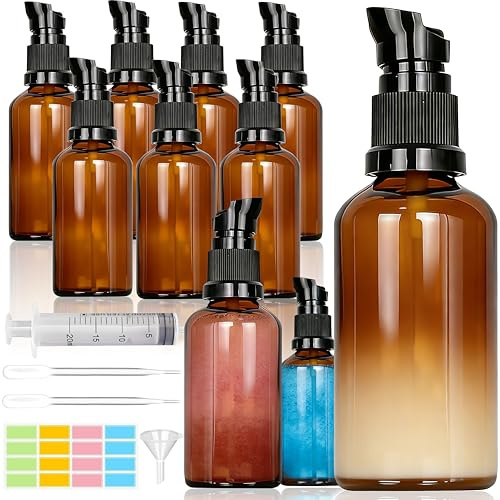 Rliocvhe 10 Pcs 50ml Botellas de Vidrio Marrón, Dispensadores de Bomba de Vidrio Ámbar, Protección UV, Botellas de Bomba de Loción Vacías Rellenables para aromaterapia, Aceites Esenciales, Cosméticos