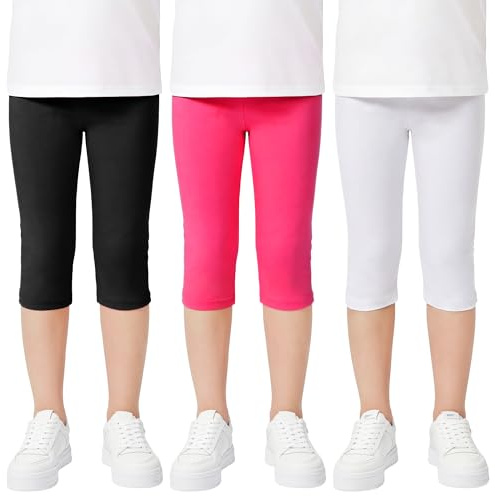 Domueay Leggings per Ragazze Cotone 3/4 Pantaloni, Pacco da 3, Traspirante Elasticizzati Casual Tinta Unita Estivi Capri Legging Bambina Abbigliamento 12-13 Anni, Rosa Rosso, Nero, Bianco