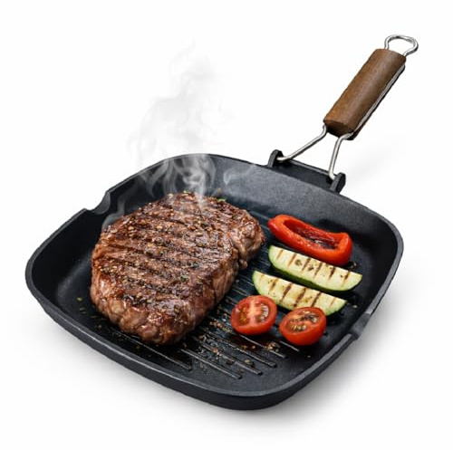 DANYX Bistecchiera Antiaderente 3 Strati Piastra Grill Manico Pieghevole Salvaspazio Made in Italy (26x26cm)