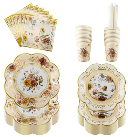 PHUNAT Vintage Floral Party Tableware Set for 25 Guests, Includes Paper Plates (7 & 9 inch), Cups, Napkins, Straws, Perfect for Afternoon Tea Party, Birthday, Bridal Shower, Family Gatherings