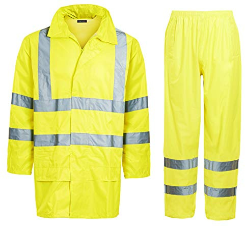 shelikes Unisex Hi Vis Waterproof Rainsuit 2 Piece Reflective Rain Jacket & Trouser Set High Viz Workwear Safety Overalls Protective Clothing High Visibility Tracksuit