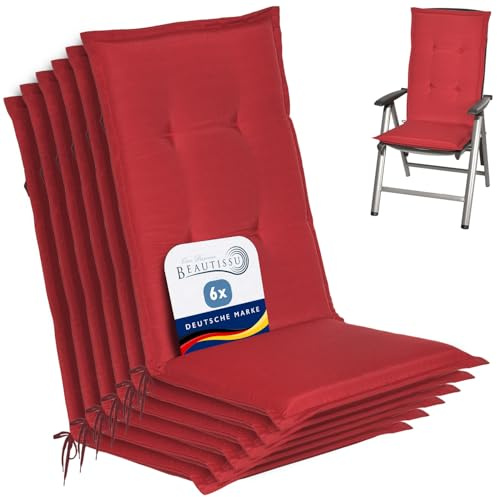 Beautissu 6er Set Gartenstuhlauflage HL für Hochlehner Gartenmöbel Füllung | 120x50x6cm Rot weiche Polster Auflage Sitzpolster Sitzkissen Stuhlauflage Schaumkern stuhlauflagen garten Loft