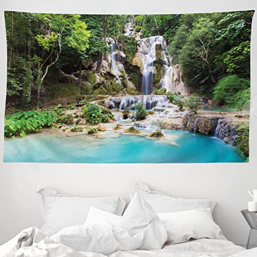 ABAKUHAUS Wasserfall Wandteppich und Tagesdecke, Laos Vietnamesisch See aus Weiches Mikrofaser Stoff Waschbar ohne Verblassen Digitaldruck, 230 x 140 cm,Blau und Grün