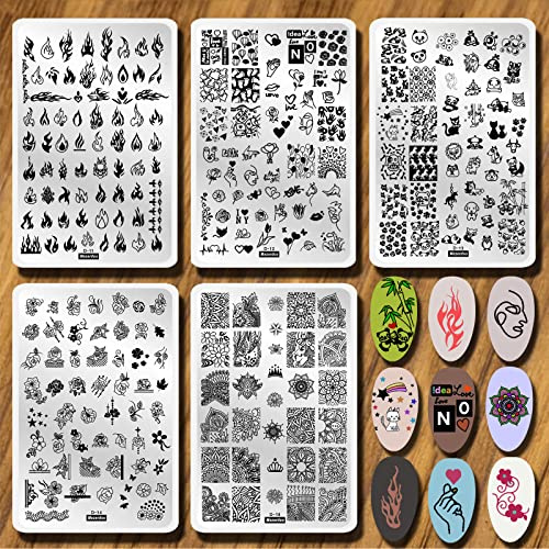 5pcs 9.5×14.5cm Nail Stamping Plates Flame Mandala Flowers Animal LOVE Heart Nail Art Stamp Templates Stainless Steel Stencil Accessories Tool