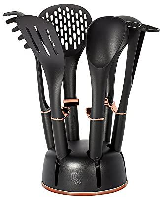 BH-6209 - Juego de utensilios de cocina (7 piezas, nailon, cuchara, espátula), color negro y rosa