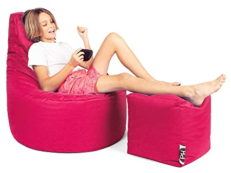 PATCH HOME Patchhome Gamer Cushion Lounge Cushion Bean Bag Armchair Seat Cushion Bean Bag + Cube / Stool with Zip Already Filled (Pink, XXL - Diameter 80 cm Chair + 35 x 35 cm Cube)