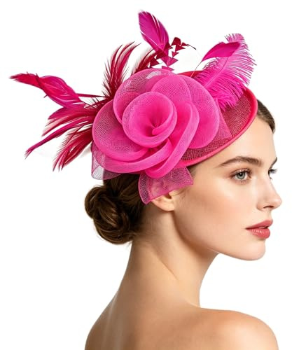 Women Ladies Fascinator Hat Feather Mesh Flower Wedding Party Hat Derby Hat with Clip and Hairband Retro Cocktail Tea Bridal Church Fascinator Head Piece Headwear Blush Pink