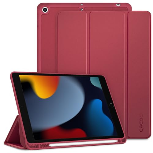 CACOE Hülle für iPad 9./8./7. Generation mit Stifthalter 10.2 Zoll | für iPad 10.2 Modell 2021/2020/2019, Ultradünne Schutzhülle aus TPU mit Standfunktion,Rotwein