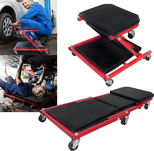 YRHome 2 in 1 KFZ Werkstatt Rollbrett Werkstattliege Montageliege Werkstatthocker 92x44x12cm Montagerollbrett Sitz mit Weichem Kissen und 360° Lenkrollen Klappsitz verwendbar bis 150KG Belastbar