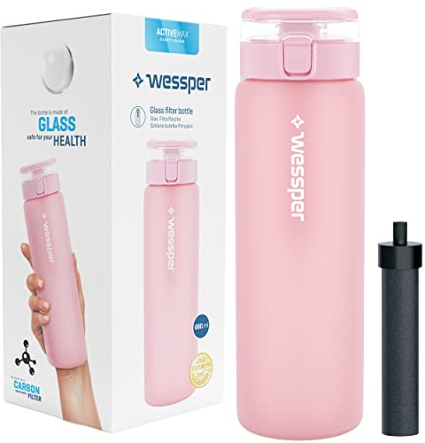 Wessper Water Bottle Borosilicate Glass, Water Bottle BPA-free with Filter 680 ml + Activated Carbon Filter Straw | for Family Life, Camping, Yoga, Fitness, Outdoor – Pink