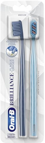 Oral-B Brilliance Premium Whitening Toothbrush with Plaque Eraser, Medium, Sky Blue and Gray, 2 Count