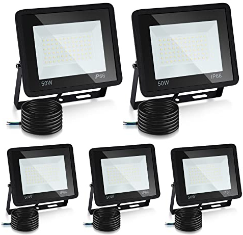 Lospitch Faretto LED da Esterno 50W 5 Pezzi, Faretti LED Impermeabile IP66, Super Luminosa 4250LM Bianco Caldo 3000K Faro LED Esterno, per Cortile Garage Piazza (Nessuna Spina)