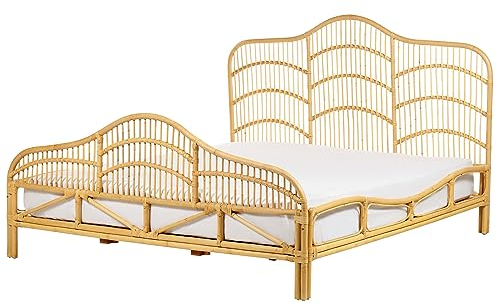Beliani Bett Rattan Hellbraun mit Lattenrost 180 x 200 cm hohes Kopf- & Fußteil Domeyrot