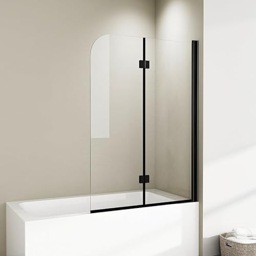 Duschtrennwand für Badewanne 120x140cm Glas Duschwand 2-teilig, 180° Faltbar Duschabtrennung Badewannenaufsatz aus 6mm Sicherheitsglas Beidseitig NANO Beschichtung - Schwarz