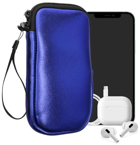 kwmobile Neopren telefonväska storlek L – 16,5 cm (6,5 tum) – universell mobiltelefonväska med dragkedja, handledsrem – metallisk mörkblå