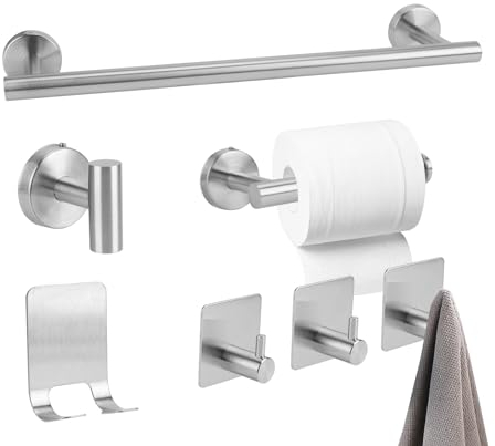 YUNYODA Porta Asciugamani Bagno Adesivo, Set 7 Pezzi Accessori Bagno Acciaio Inox Set con Porta Carta Igienica e Ganci, Set Porta Asciugamani Completo per Mobili o arredo a Parete, 40cm, Argento
