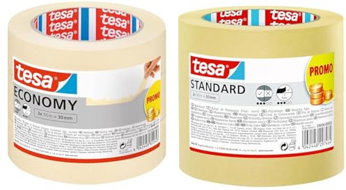 tesa Malerband ECONOMY - Vielseitiges Klebeband für Malerarbeiten & Malerband Standard - 2er Pack - Malerabdeckband mit starker Haftung zum Abkleben bei Malerarbeiten - lösungsmittelfrei