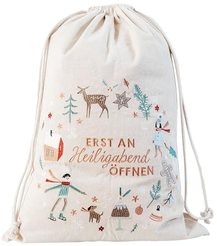 Papierdrachen Geschenksack groß Weihnachten 2025 - edel bestickt - ideal zum Verpacken von Geschenken - cremefarben bunt - 50 x 70 cm