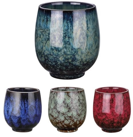 sourcing map Juego de 4 tazas de té de cerámica china de 5.4 onzas, tradicional Gong Fu, japonés, sin asa, taza de té pequeña para mate, té, café, vino, bebidas, 4 colores