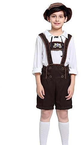 Lederhose kinder Tracht, Trachtenhose kinder Kurz Trachtenlederhosen für Jungen inkl.Trachtenhut Trachten Hemden mit Passenden Trägern Bayerische Traditionelle Jogginghose Trachte Hose für Oktoberfest