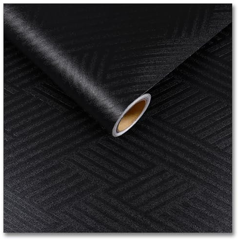 CRE8TIVE Papier peint géométrique noir texturé à décoller et à coller pour salon - 30 cm x 200 cm - Papier peint brillant autocollant en vinyle imperméable pour meubles et armoires