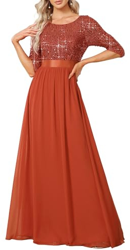Ever-Pretty Vestiti da Sera e Cerimonia Donna Linea ad A Elegante Manica 3/4 con Paillettes Abiti da Damigella Chiffon Stile Impero Arancione 46