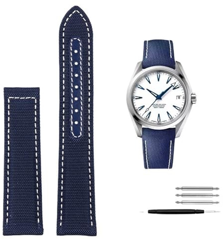 SRDRK Hochdichtes Nylon-Lederarmband für Omega New Seamaster 300 Super Master AT150 Stoffleder AQUA TERRA Herrenarmband 19 mm 20 mm(Blue White no clasp,19mm)