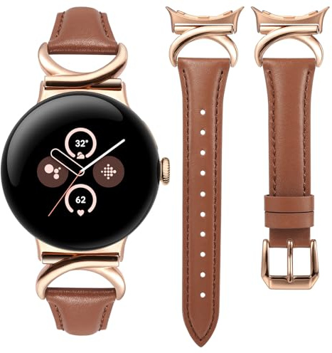 Minyee Leather Band Compatible with Google Pixel Watch 4/3 41mm/Pixel Watch 2/1 Bands Women,Slim Thin Dressy Designer Premium Leather Strap with C-Shape Metal Buckle, Brown/Rose Gold