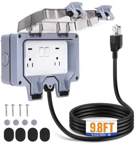 XINYIELE Outdoor Power Outlet,Outdoor Extension Cord Waterproof Double Wall Outlet Extender with On-Off Switch and Indicator Light，Exterior Electric External Power Outlet,Outside Outlet (9.8FT)
