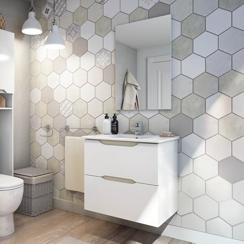 Mobile Bagno Sospeso Da 60 Cm In Legno Bianco Lucido E Rovere Linea Brillo Con 2 Cassetti Dalla Chiusura Soft-Close, Completo Di Lavabo E Specchio