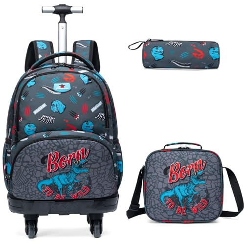 Egchescebo Mochilas Escolares con Ruedas Carro Niño Rodillos Giratorios Carrito para Trolley Escolar Bolso de Viaje Estuche Stitch Chicos 17 3PCS Maleta Colegio Grande Infantil Niños Dinosaurio Azul