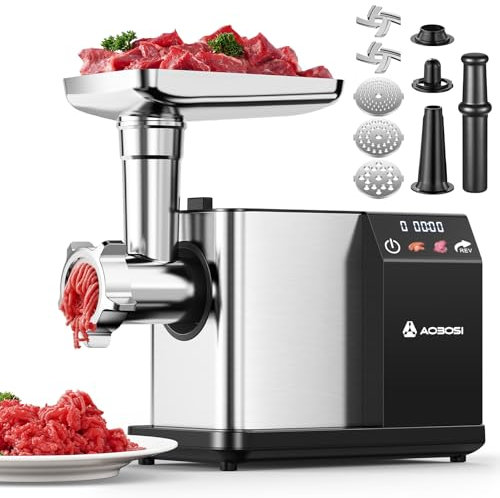 AAOBOSI Picadora De Carne Eléctrica [3000W MAX] Con Pantalla LED, 3 Velocidades, Picadora De Carne Con Sistema Anti-Atascos,Almacenamiento Integrado, Puede Hacer Salchichas & Kibbe, Ideal Para Hogar