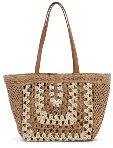 EVEOUT Stroh Schultertaschen für Damen Sommer Boho Strandtasche Gewebte Tote Tasche aus Raffia Shopper Tragetasche für Urlaub