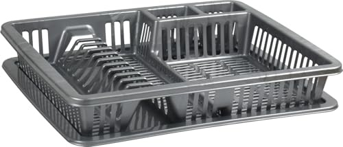 Catergold Dish Drainer Rack Premium Plastic Large Dish Drainer with Drip Tray for Plates, Cutlery, Cups, Kitchen Sink Utensil Drying Rack (Grey)