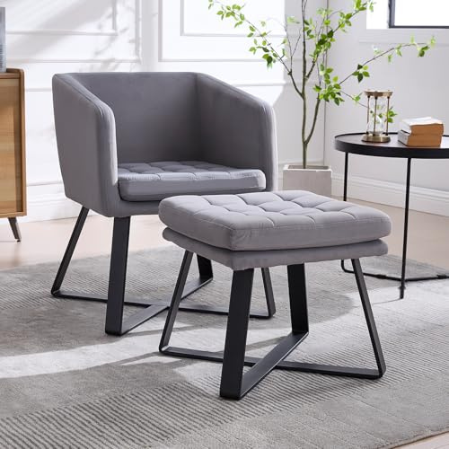 chairus Sessel mit Ottomane Loungesessel mit Hocker, Moderner Akzentstuhl Wohnzimmer Relaxsessel Samt, Polstersessel Metallbeinen für Schlafzimmer, Grau