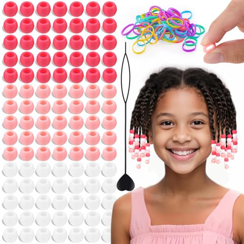 90 Stück kleine Silikonperlen für Haare, 8 x 10 mm, weiche rosa gemischte Farben, Pony-Silikon-Haarperlen für Zöpfe, mit 50 Gummibändern und 1 Perle zum Flechten, DIY-Armbänder, Halsketten, Basteln