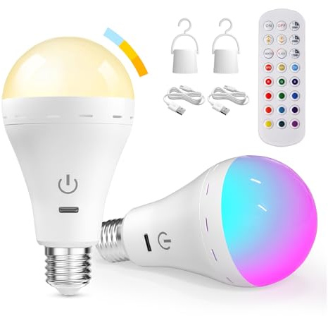 BrightArk Bombilla Recargable USB, E27 Bombilla LED con Mando, RGB 12+3 Temperaturas de Color Bombillas Recargable con Función de Tiempo, Luz de Emergencia para Hogar y Exterior (pack de 2)