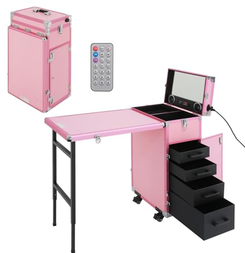 Table de manucure professionnelle pliable à 360° - Table de manucure portable - Chariot de maquillage avec 4 tiroirs/miroir/télécommande/lecteur Bluetooth (rose)