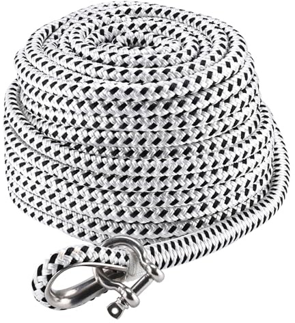 NovelBee 1/2in x 100ft Boat Anchor Rope,Double Braid Nylon Anchor Line with Stainless Steel Thimble and Shackle,Heavy Duty Nylon Rope for Boat,Towing,Docking,Mooring (White&Black)