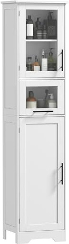 HOMCOM Meuble Colonne Salle de Bain à Porte Vitrée 40 x 31 x 170 cm Blanc | Armoire Salle de Bain Étroite avec Tiroir, 2 Portes, Étagère Réglable, Meuble de Rangement pour Toilette, Petits Espaces