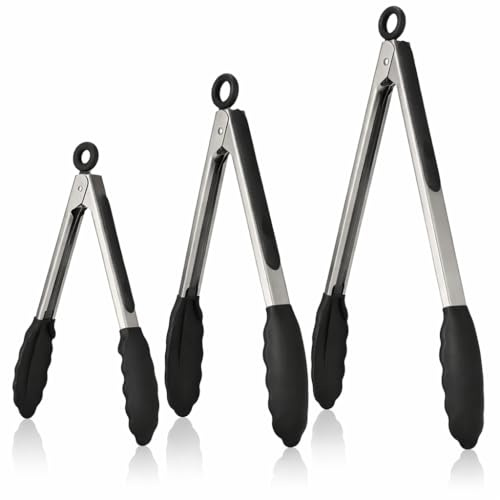 Brown Feather Kitchen Tongs - 3 Pack Stainless Steel with Silicone Tipped 12, 9 & 7 Inch Tong, Cooking Serving Oven Grill Party BBQ Utensils, Air Fryer Good Grips Salad Pasta Spaghetti Thongs